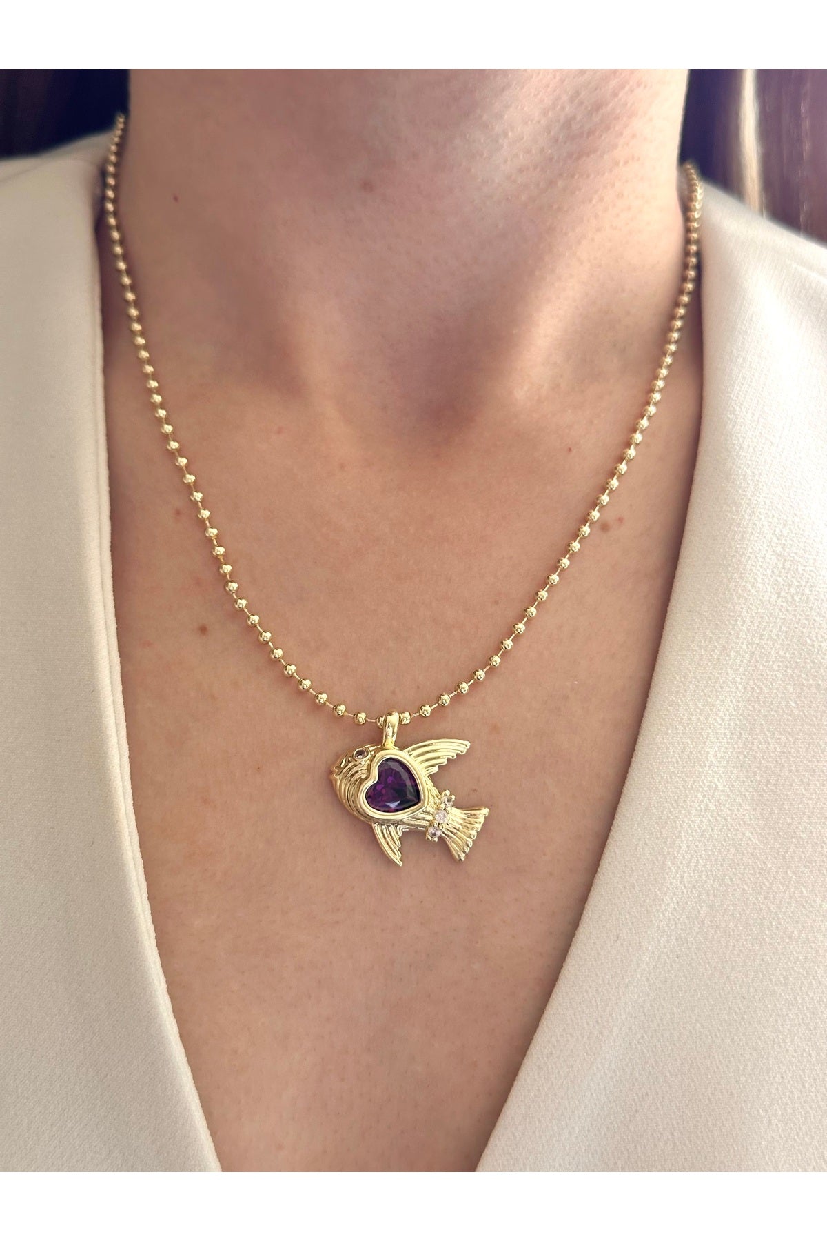 Çelik dorika top zincir kalp detay balık kolye