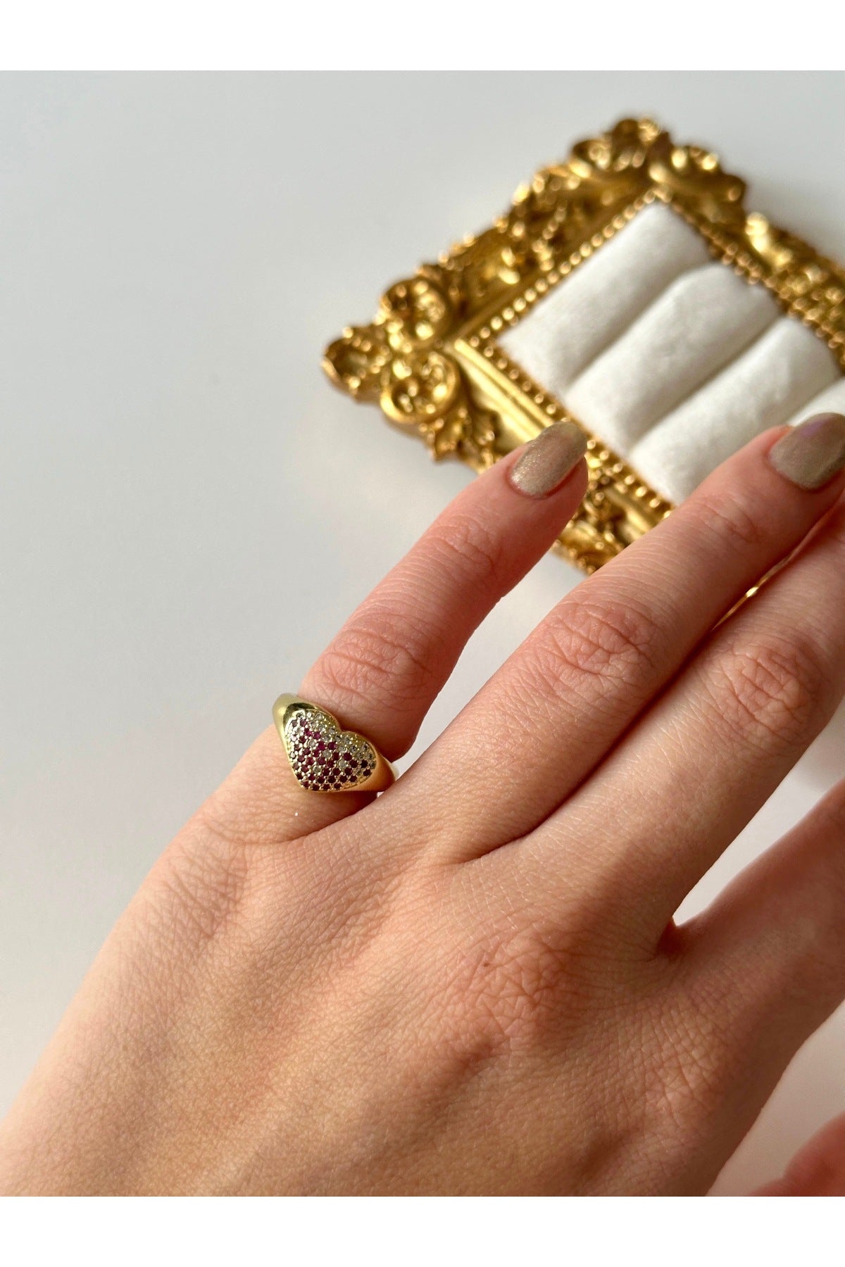 Çelik pembe kalp detay serçe parmak yüzük ayarlanabilir