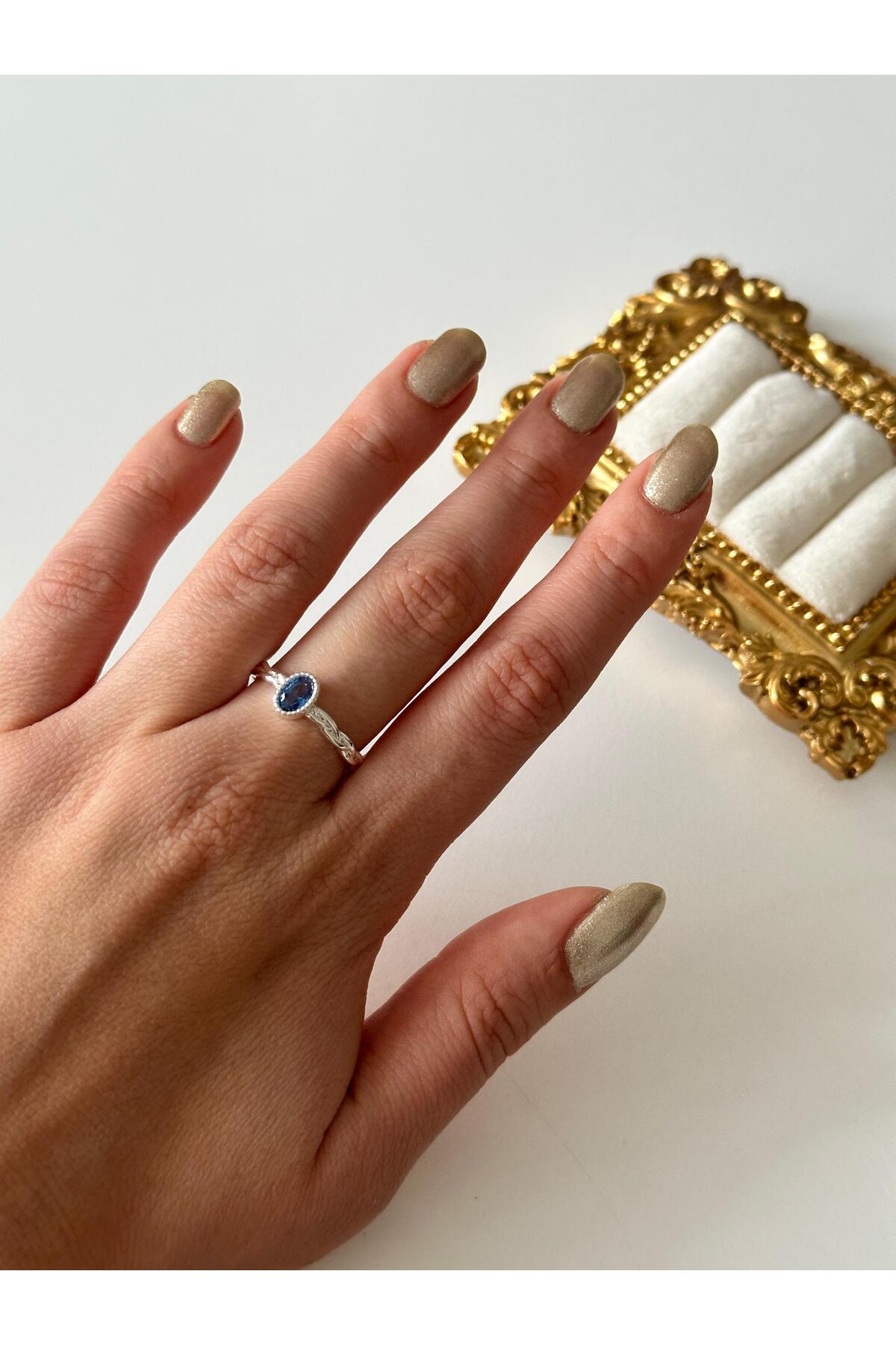 Çelik oval mavi taşlı yüzük ayarlanabilir