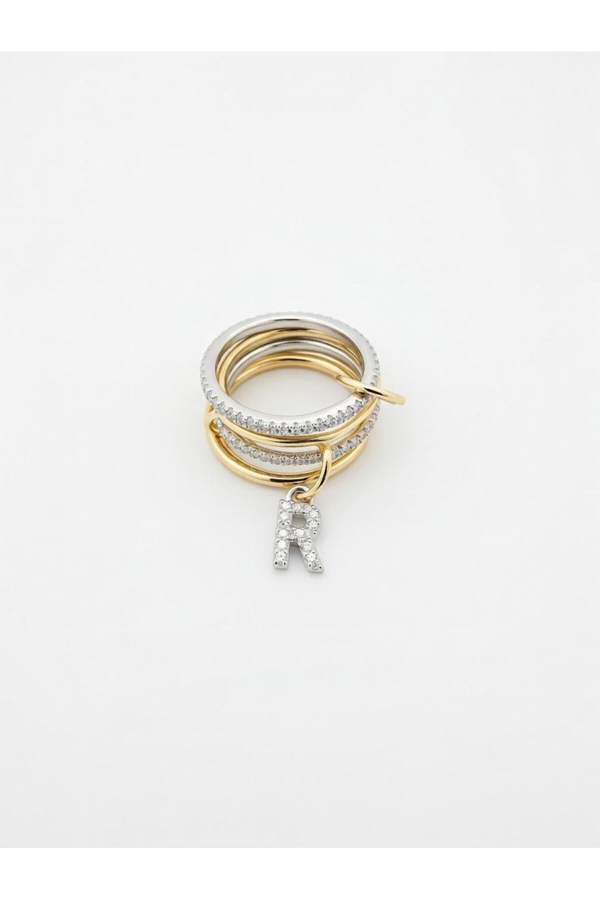 14K Çelik Üzeri Altın Kaplama 4 Sıralı Gold Gümüş Harfli Spiral Yüzük 16(8) Numara