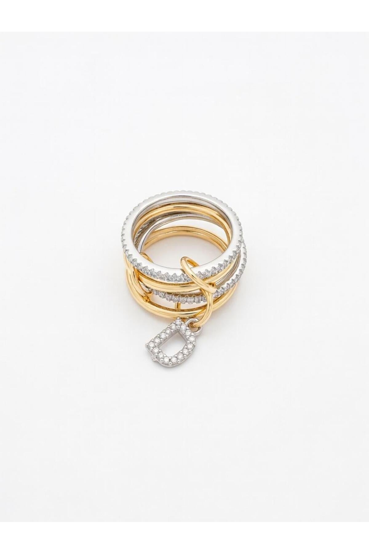 14K Çelik Üzeri Altın Kaplama 4 Sıralı Gold Gümüş Harfli Spiral Yüzük 16(8) Numara