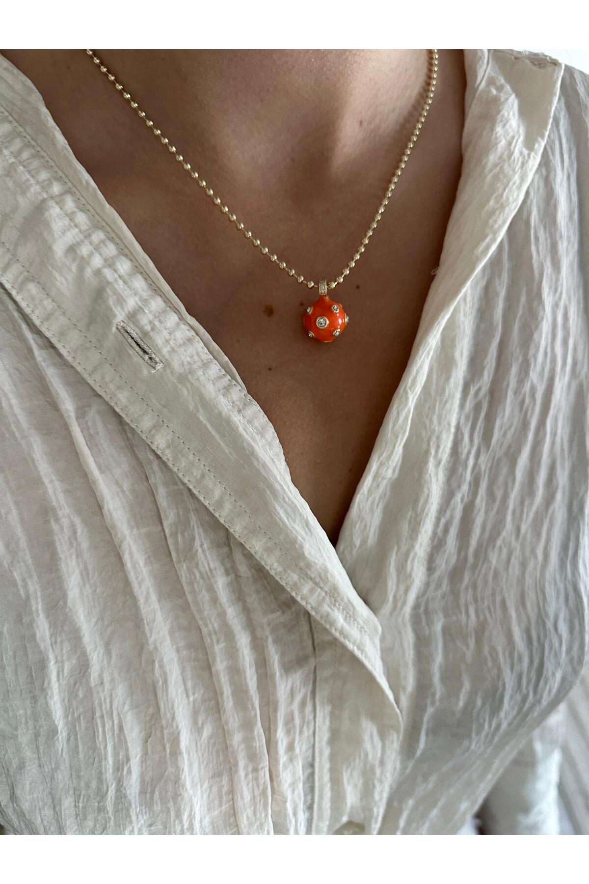 14K Çelik Üzeri Altın Kaplama Dorika Zincirli Turuncu Kristal Topçuk Kolye