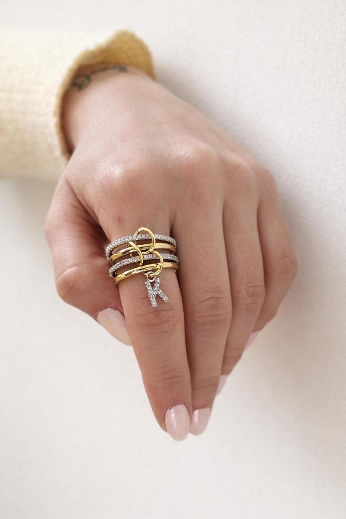 14K Çelik Üzeri Altın Kaplama 4 Sıralı Gold Gümüş Harfli Spiral Yüzük 16(8) Numara