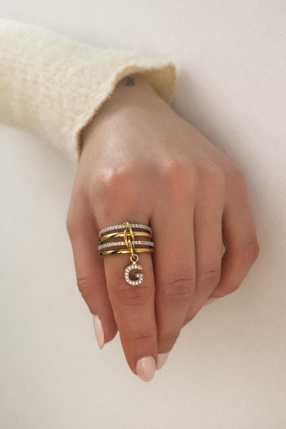 14K Çelik Üzeri Altın Kaplama 4 Sıralı Gold Gümüş Harfli Spiral Yüzük 16(8) Numara