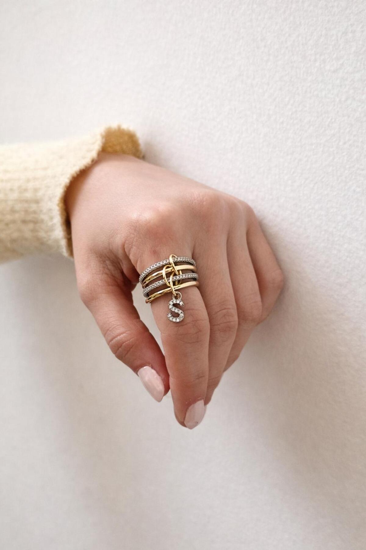 14K Çelik Üzeri Altın Kaplama 4 Sıralı Gold Gümüş Harfli Sipiral Yüzük 16(8) Numara