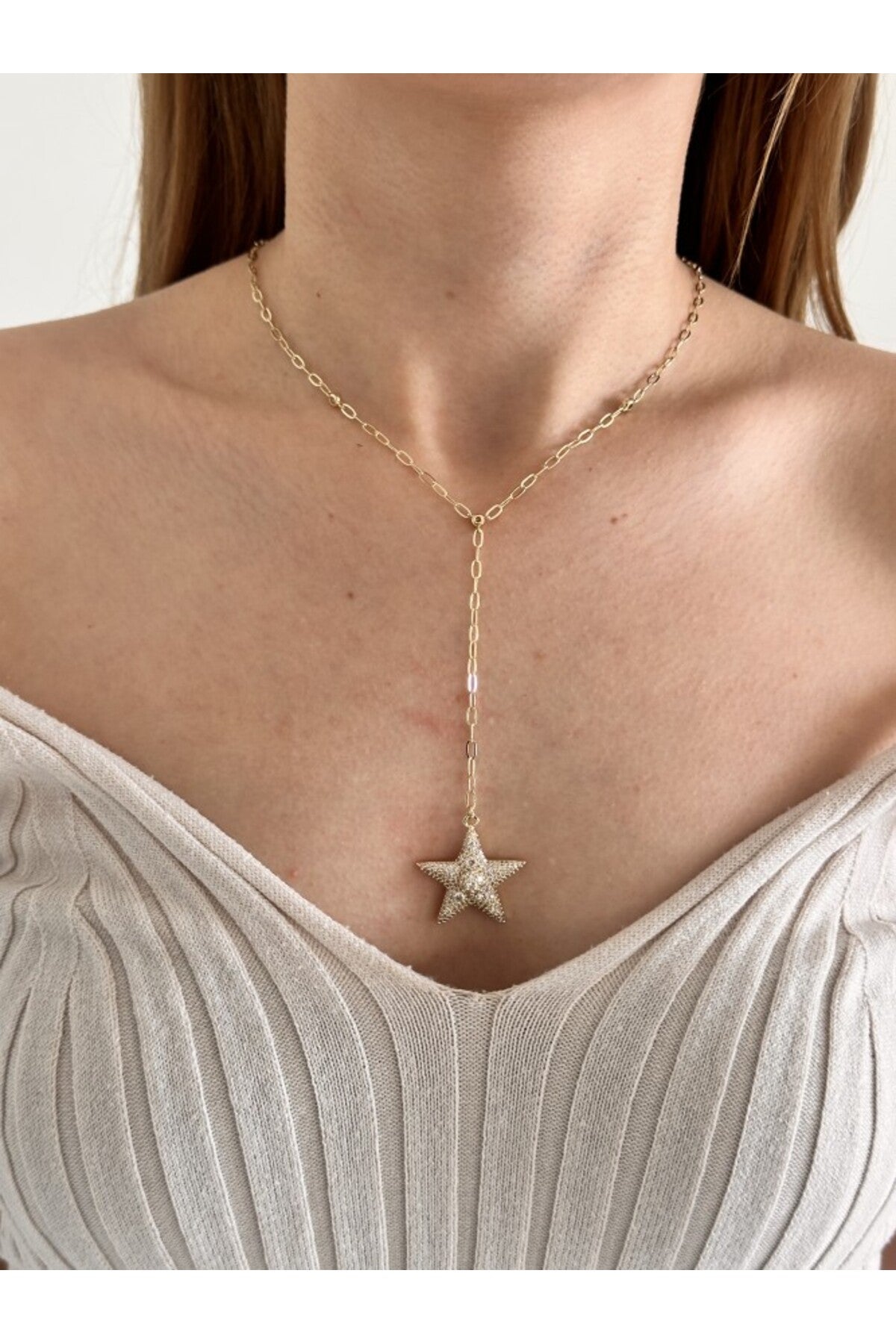 14K Çelik Üzeri Altın Kaplama Zirkon Taşlı Yıldız Y Kolye