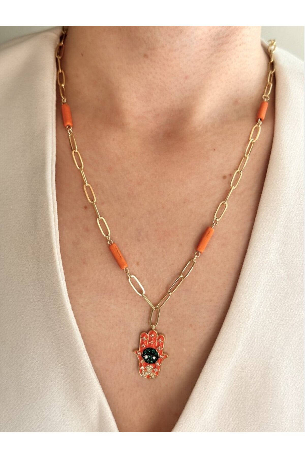 14K Çelik Üzeri Altın Kaplama Fatma Ana eli Kolye 50 Cm