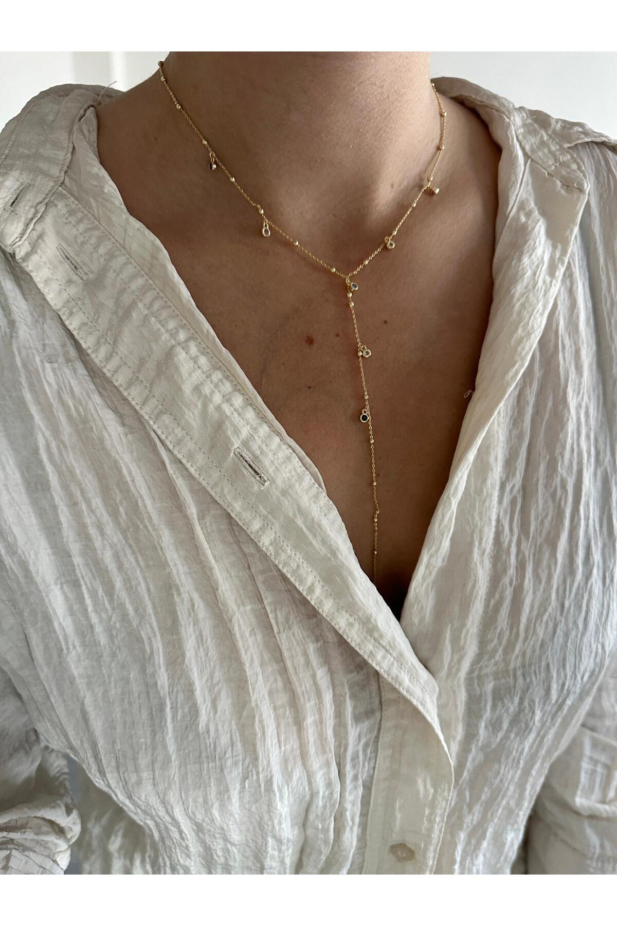 14K Çelik Üzeri Altın Kaplama Renkli Zirkon Taş Y Kolye