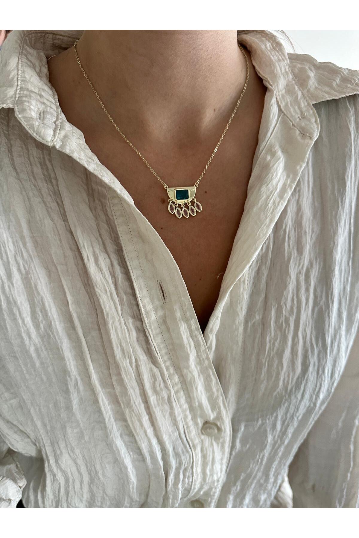 14K Altın Kaplama Mavi Taş Kolye