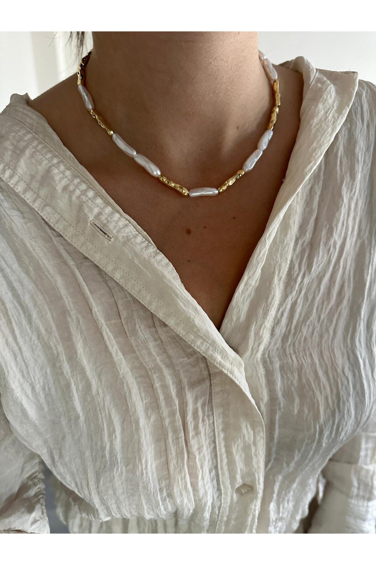 14K İnci Detaylı Gold Kolye