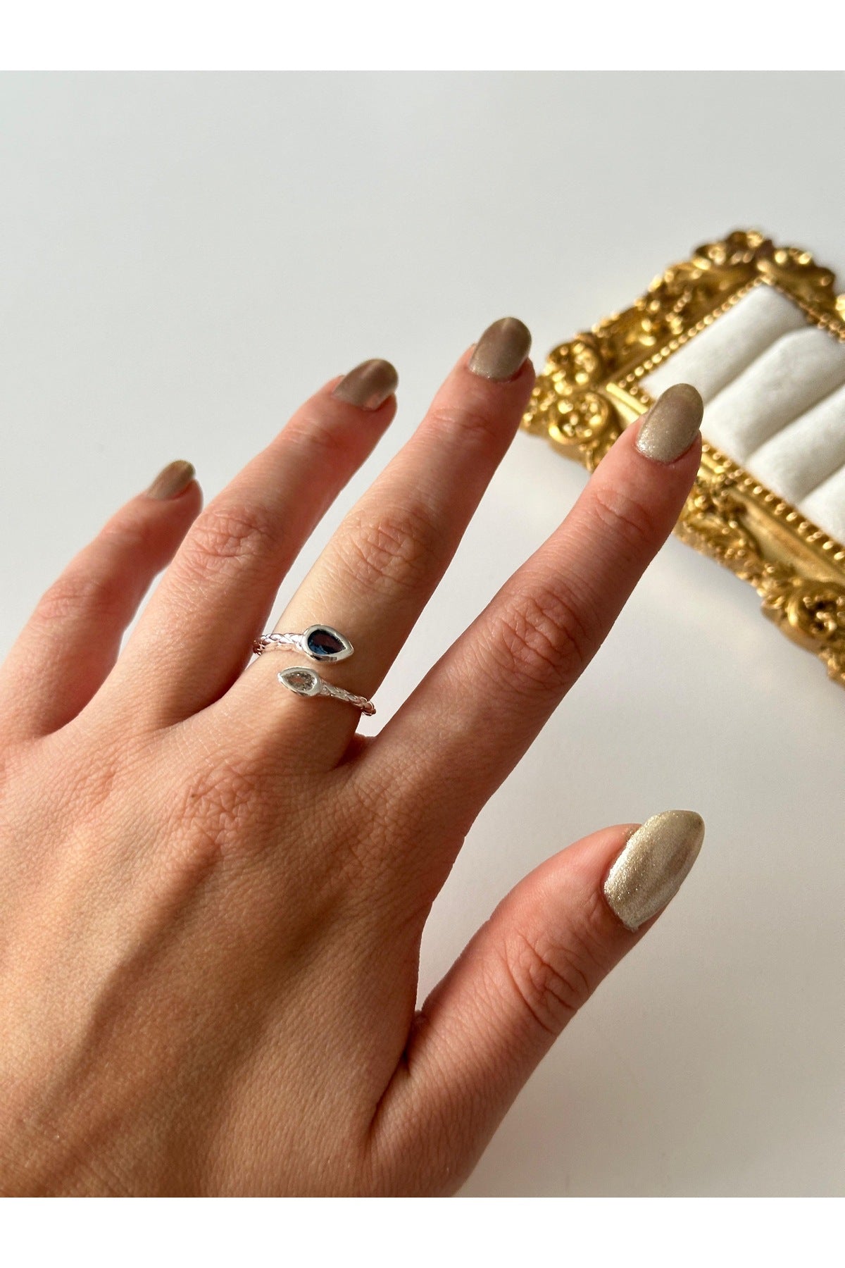 Çelik damla mavi taşlı yüzük ayarlanabilir