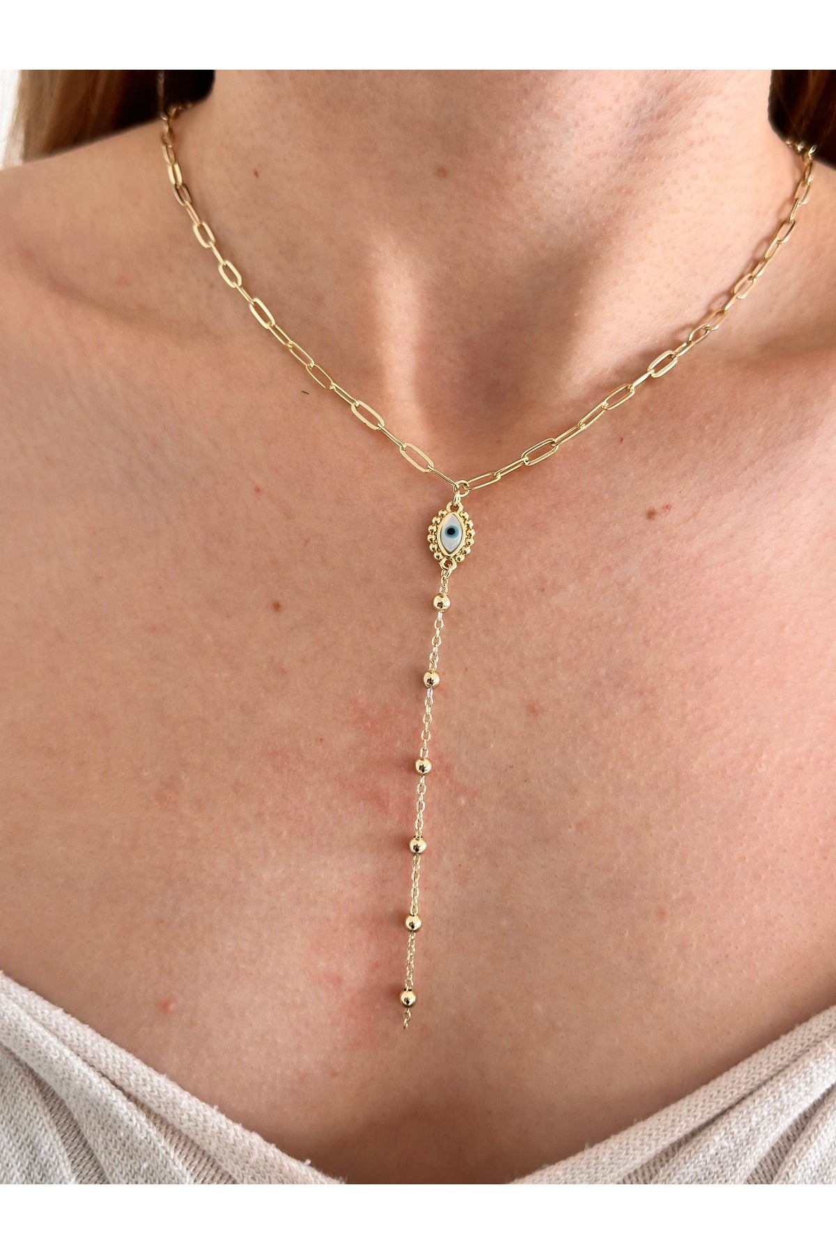 14K Çelik Üzeri Altın Kaplama Ataç Zincir Göz Y Kolye