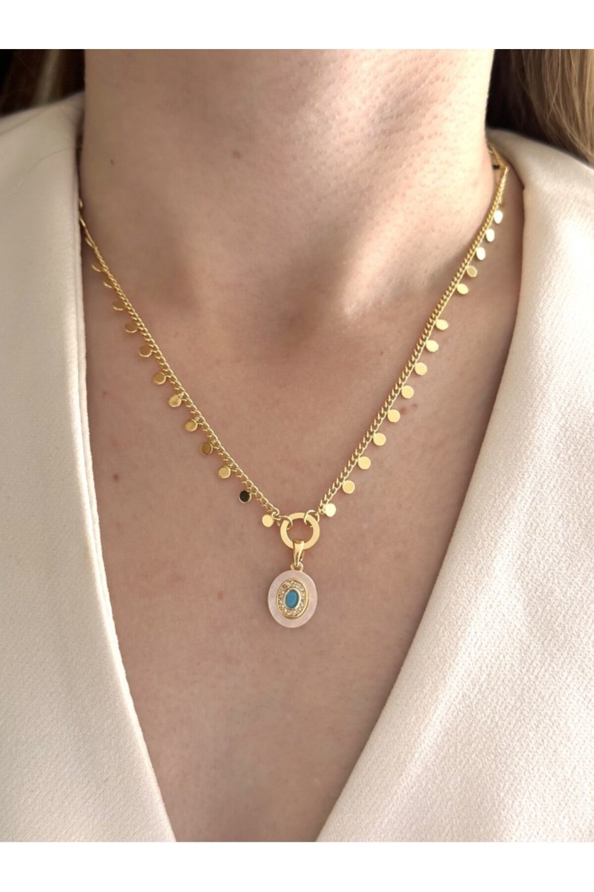 14K Çelik Üzeri Altın Kaplama Pul Zincir Kolye