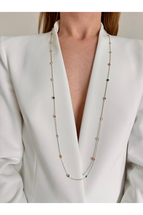 Çelik üzeri altın kaplama renkli zirkon taşlı 90 cm zincir kolye