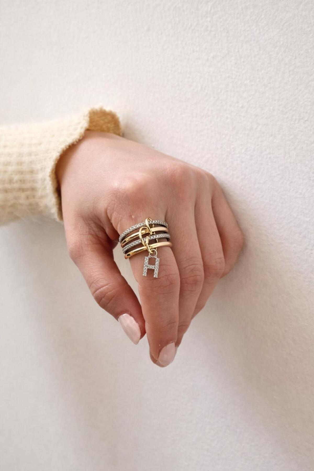 14K Çelik Üzeri Altın Kaplama 4 Sıralı Gold Gümüş Harfli Spiral Yüzük 16(8) Numara