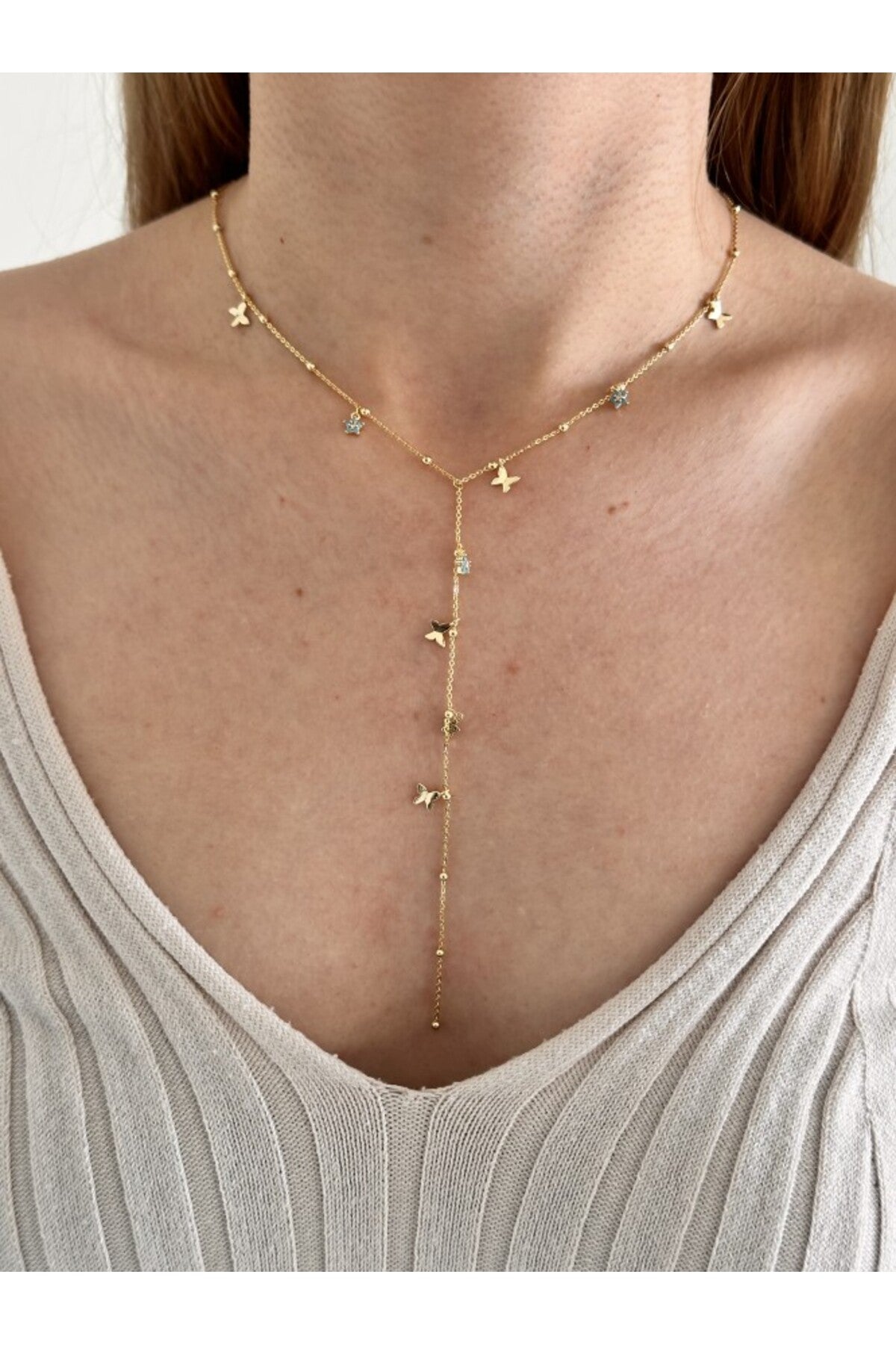 14K Çelik Üzeri Altın Kaplama Mavi Kelebek Y Kolye