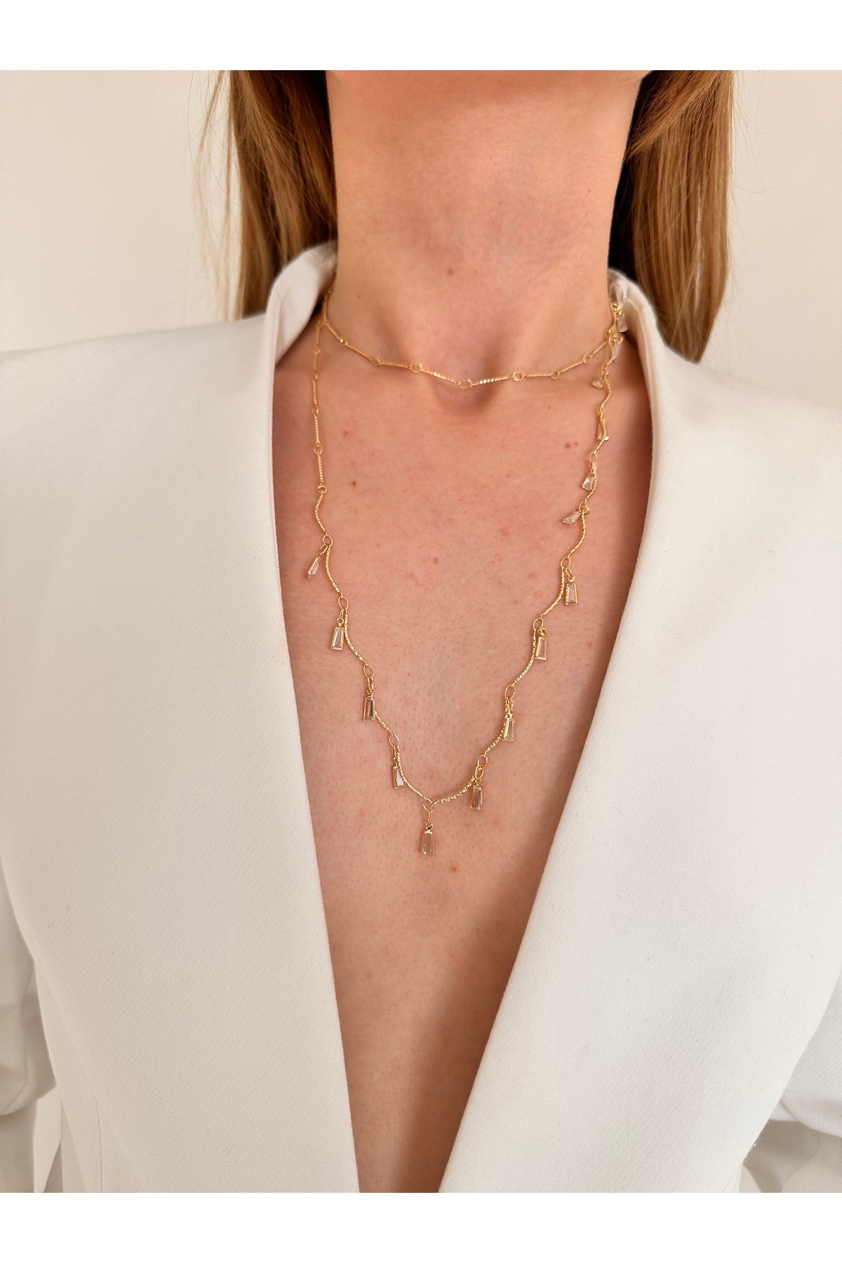 14K Çelik Üzeri Altın Kaplama Sallantılı Zirkon Taşlı 90 Cm Kolye