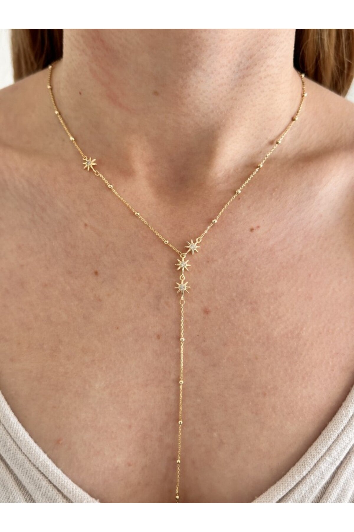 14K Çelik Üzeri Altın Kaplama İnce Yıldız Y Kolye