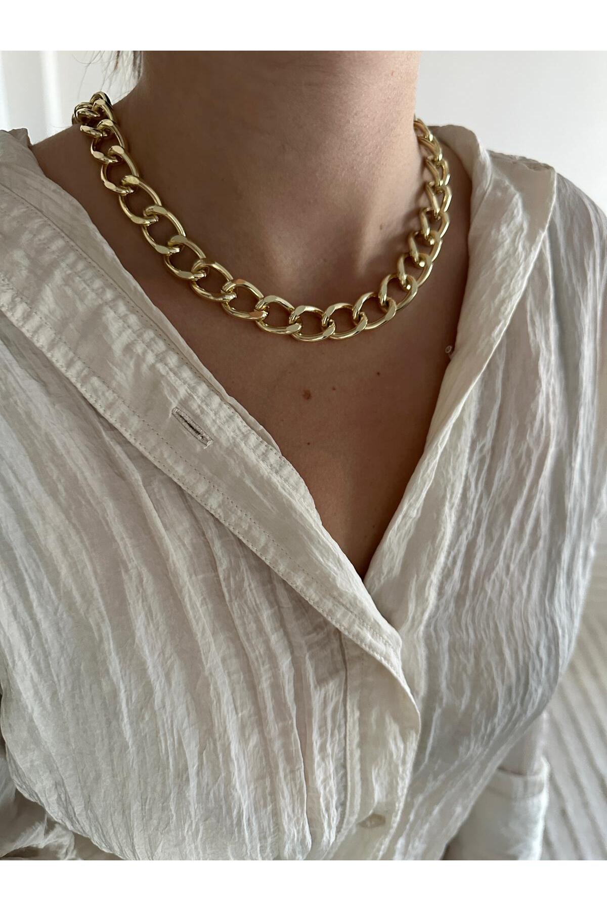 14k Çelik Üzeri Altın Kaplama Kalın Zincir Kolye