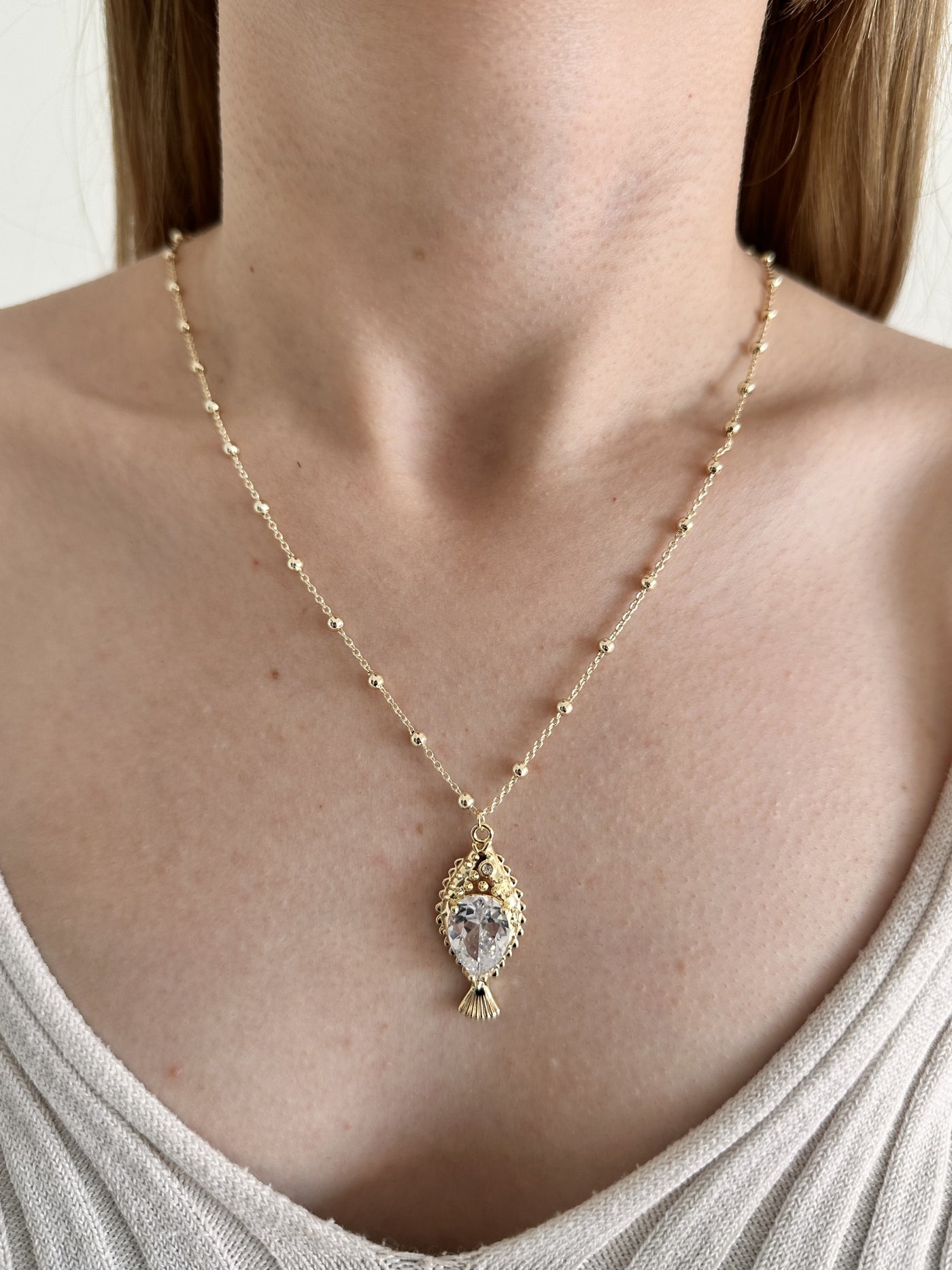 14K Altın Kaplama Kristal Taş Balık Kolye