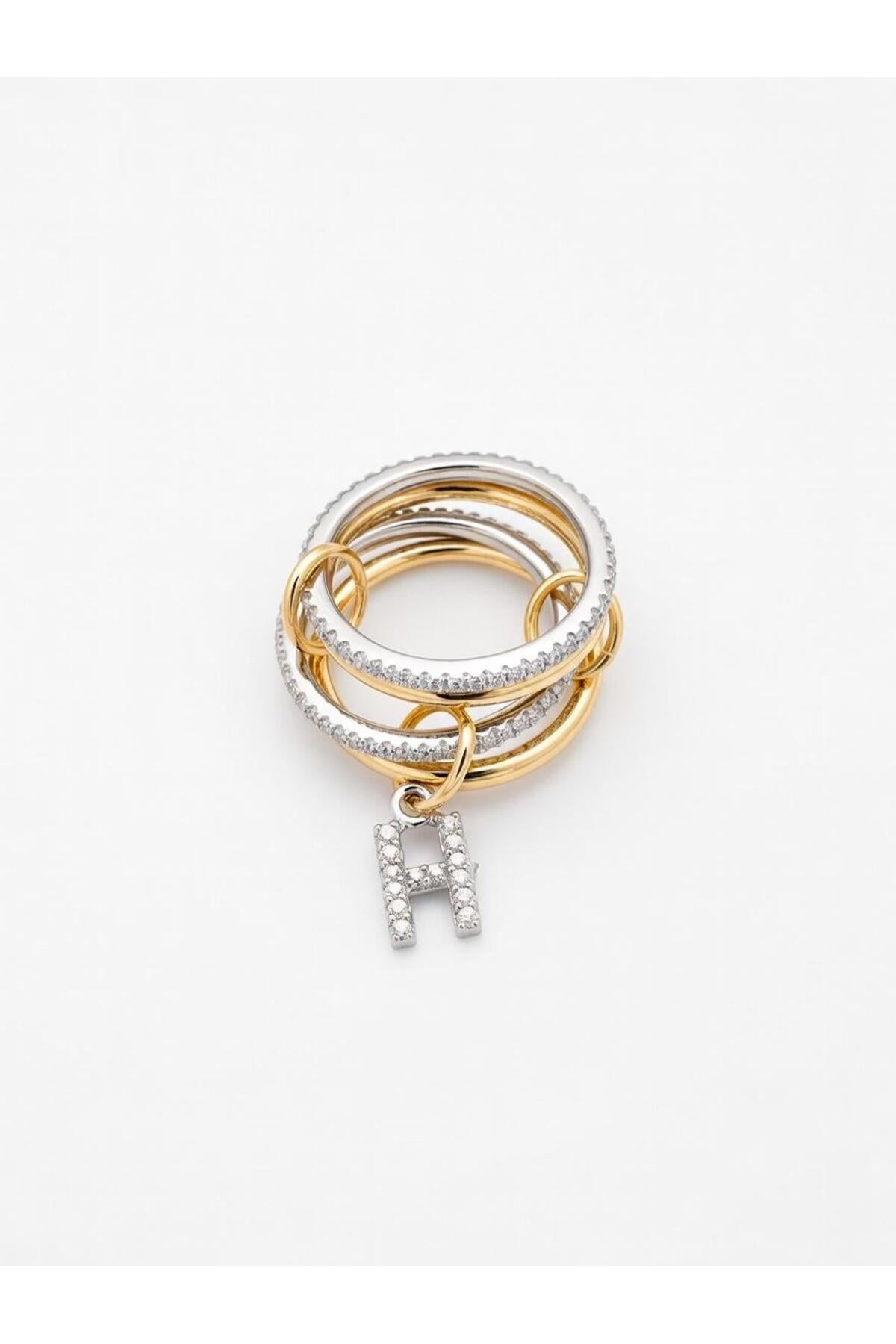 14K Çelik Üzeri Altın Kaplama 4 Sıralı Gold Gümüş Harfli Spiral Yüzük 16(8) Numara