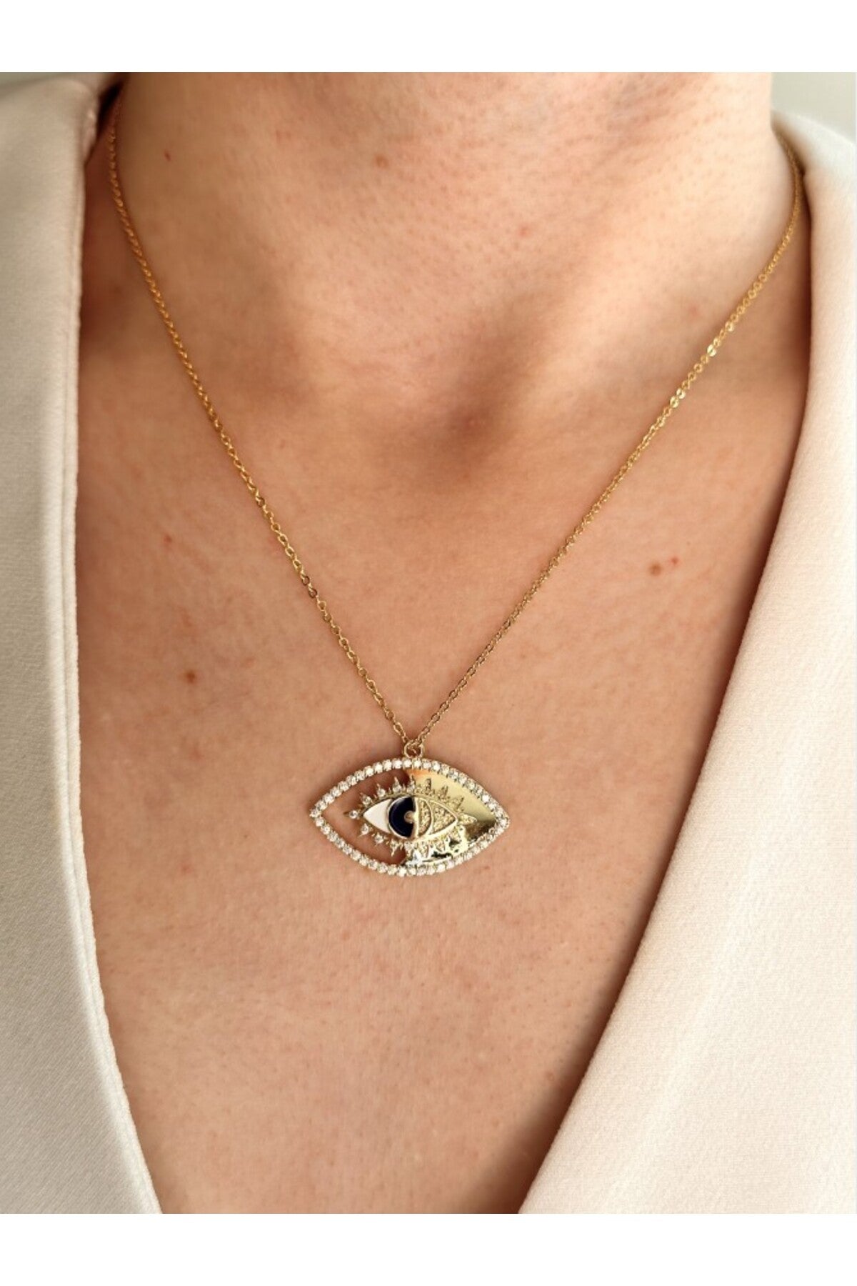 14K Çelik Üzeri Altın Kaplama Mavi Göz Kolye