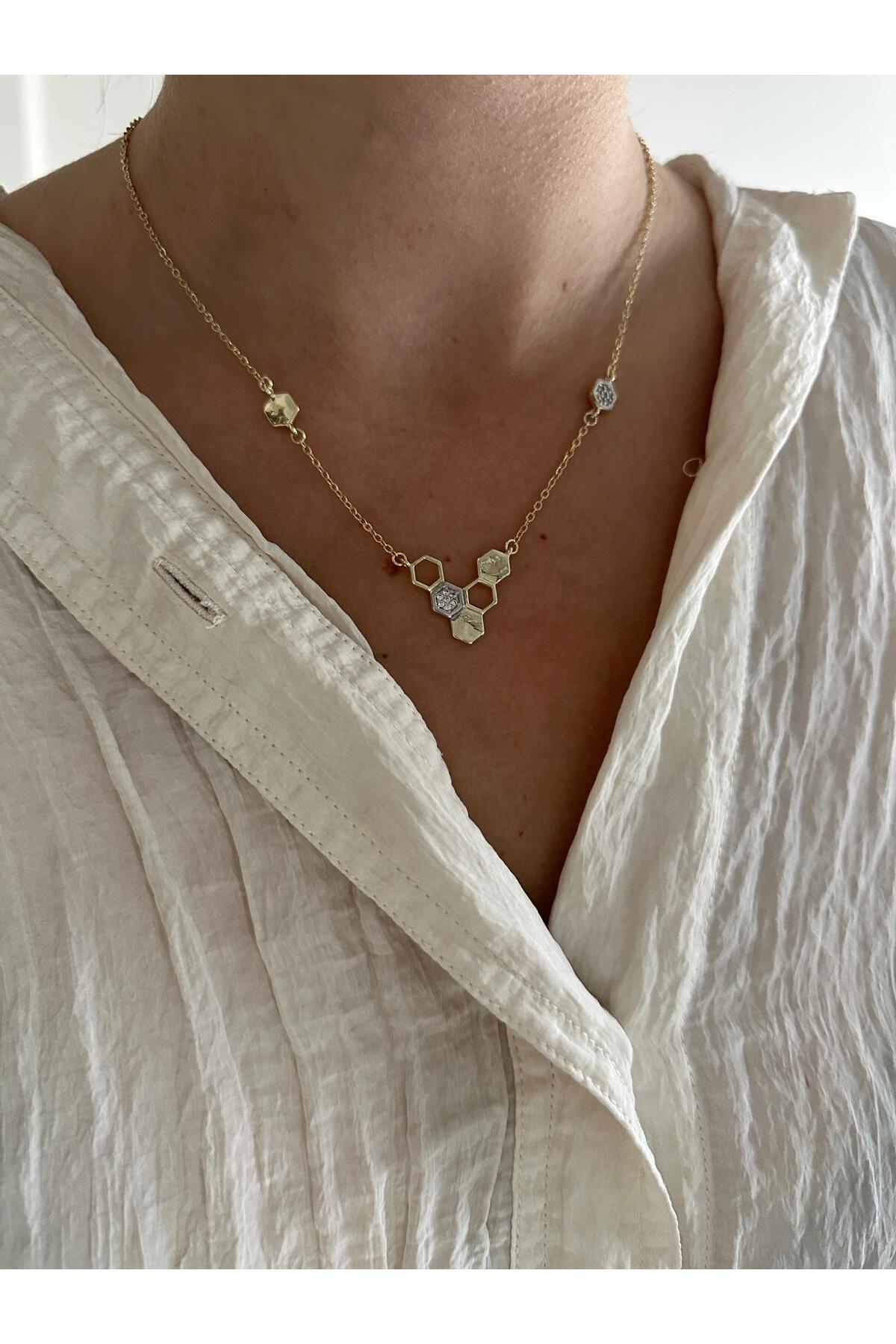 14K Çelik Üzeri Altın Kaplama Mix Petek Kolye