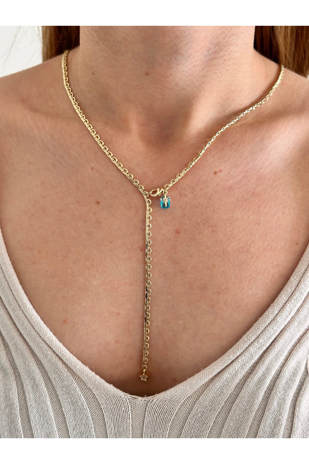 14K Çelik Üzeri Altın Kaplama Mavi Renk Taşlı Y Kolye