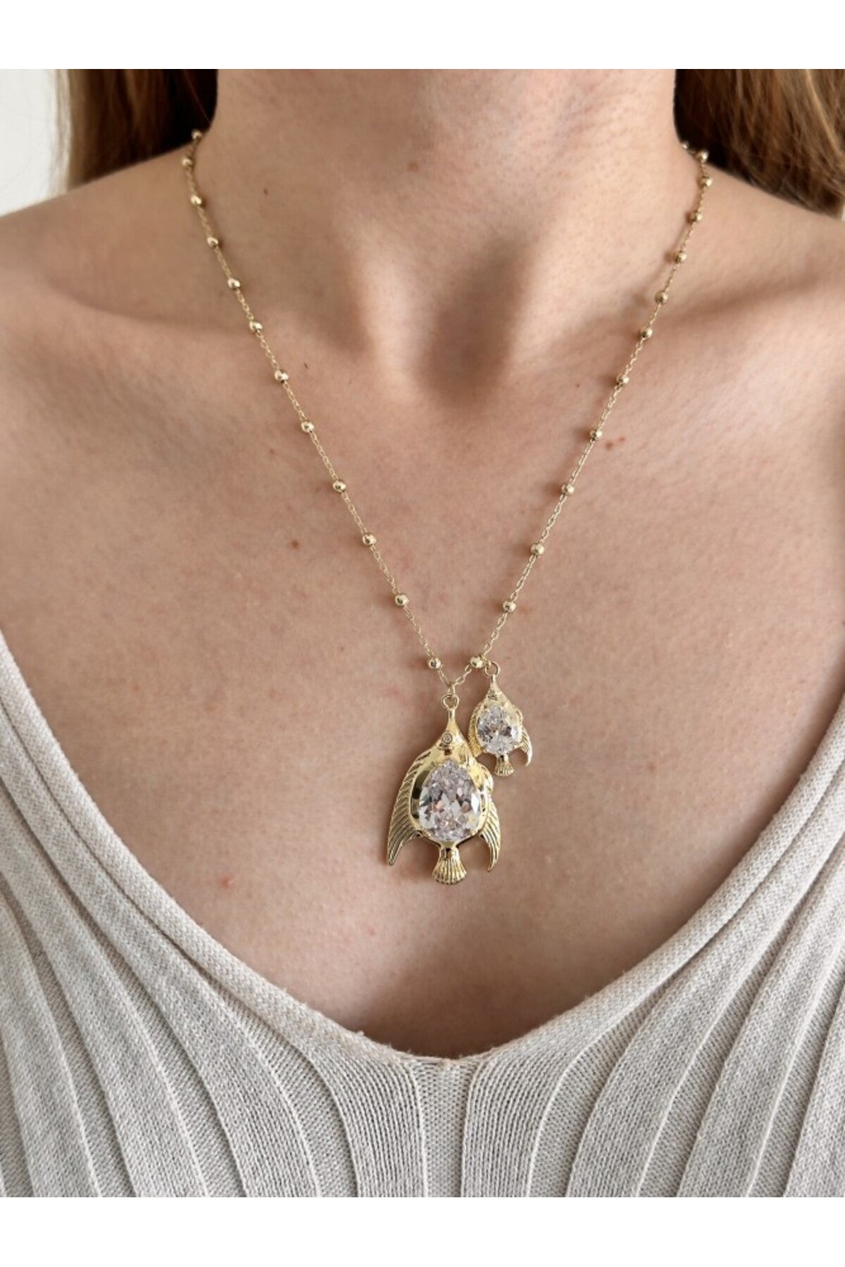 14K Çelik Üzeri Altın Kaplama Kristal Taşlı İkili Balık Kolye