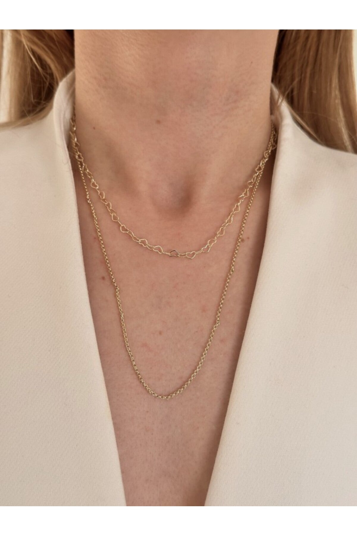 14K Çelik Üzeri Altın Kaplama Kalp Çift Zincir Kolye