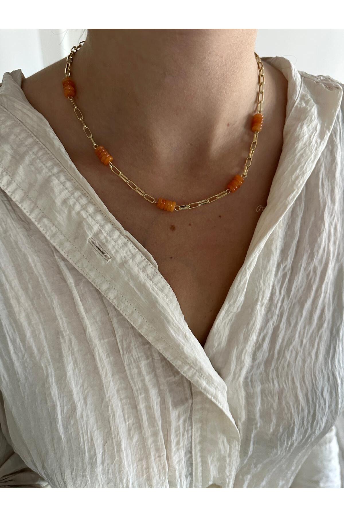 14K Çelik Üzeri Altın Kaplama Ataç Zincir Turuncu boncuk Kolye