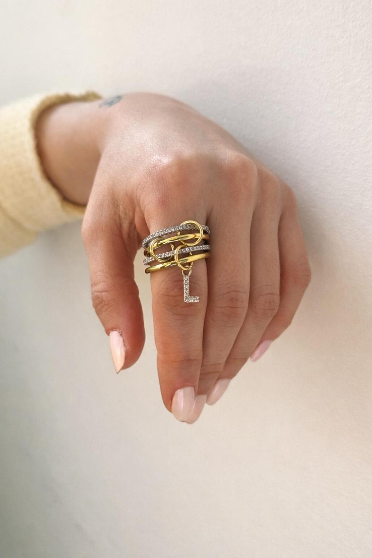 14K Çelik Üzeri Altın Kaplama 4 Sıralı Gold Gümüş Harfli Spiral Yüzük 16(8) Numara