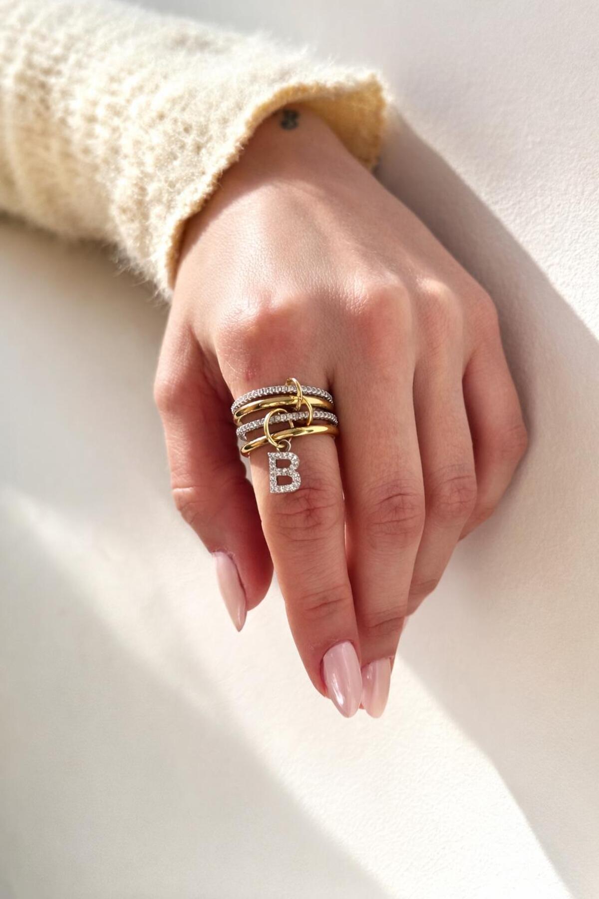 14K Çelik Üzeri Altın Kaplama 4 Sıralı Gold Gümüş Harfli Spiral Yüzük 16(8) Numara