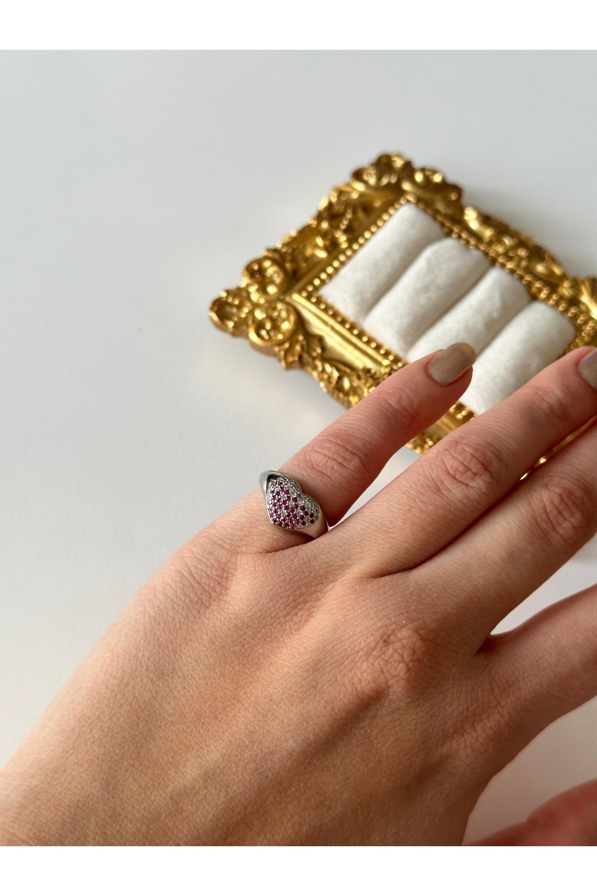 Çelik pembe kalp detay serçe parmak yüzük ayarlanabilir