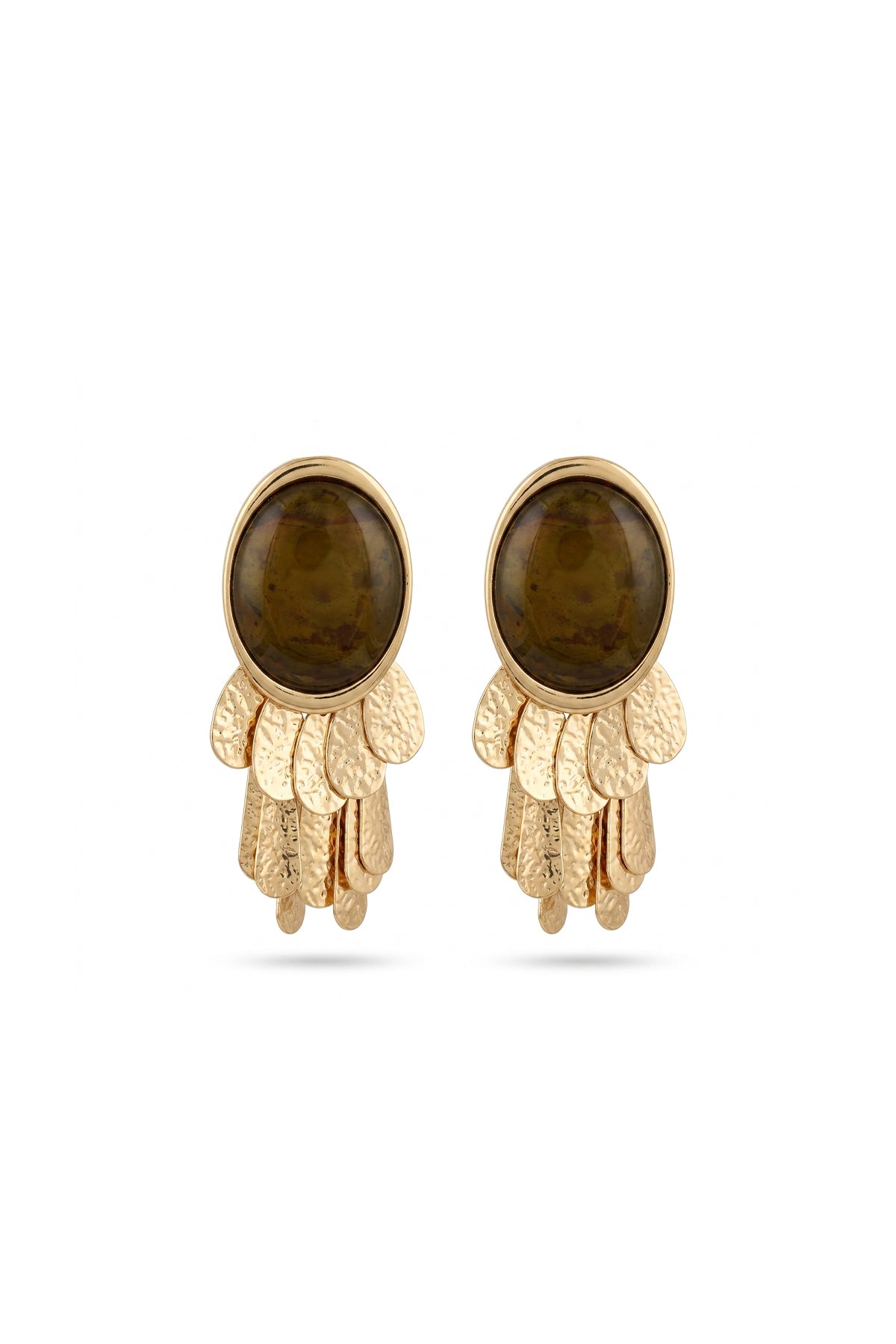 Çelik gold detaylı sallantılı trim haki küpe