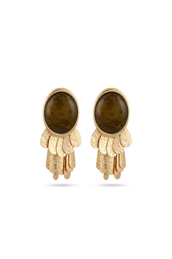 Çelik gold detaylı sallantılı trim haki küpe