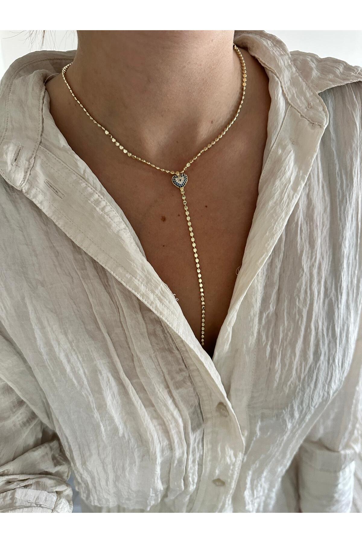 14K Çelik Üzeri Altın Kaplama Nazar Boncuğu Detaylı Y Ezme Zincir Kolye