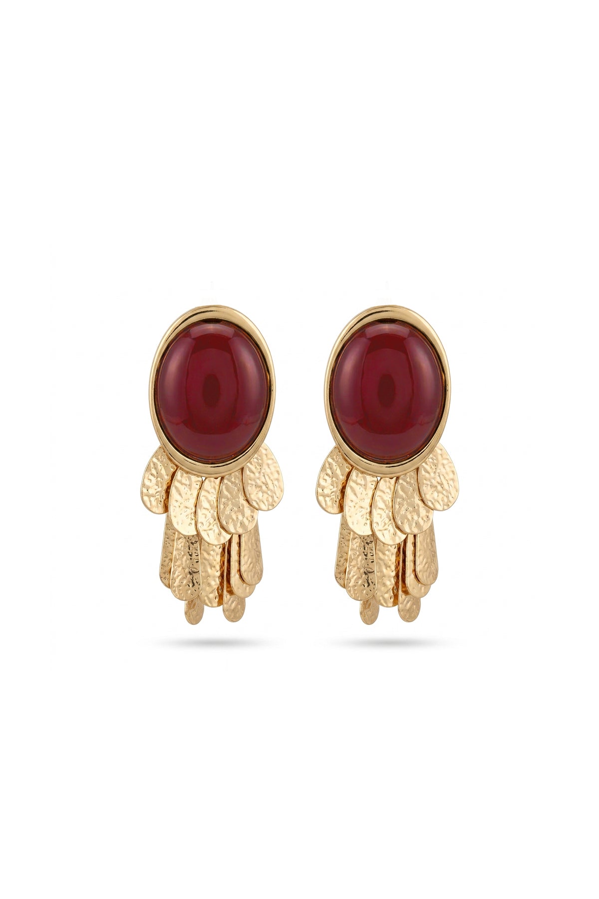 Çelik gold detaylı sallantılı trim bordo küpe