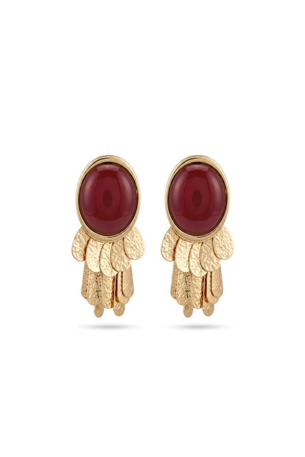 Çelik gold detaylı sallantılı trim bordo küpe