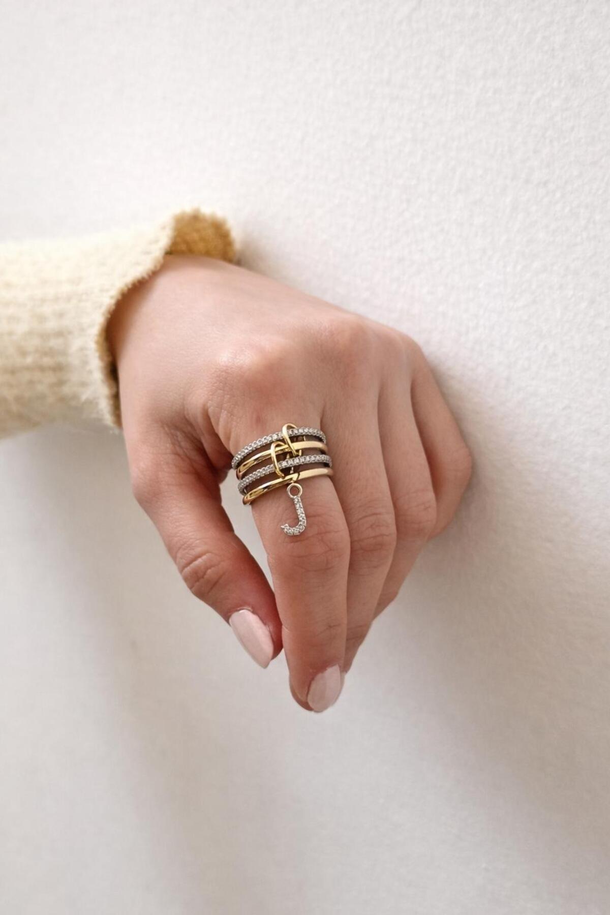 14K Çelik Üzeri Altın Kaplama 4 Sıralı Gold Gümüş Harfli Spiral Yüzük 16(8) Numara