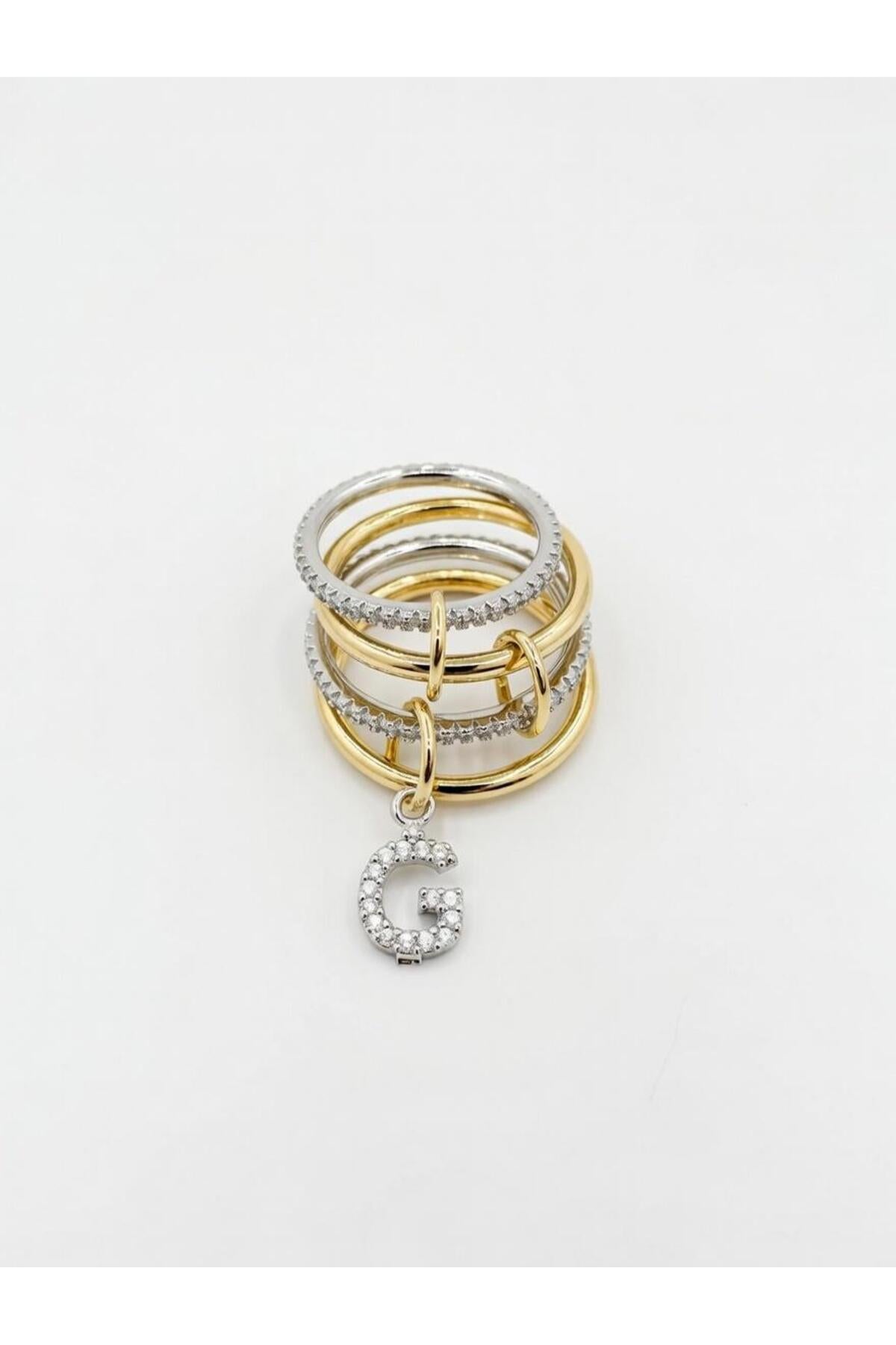 14K Çelik Üzeri Altın Kaplama 4 Sıralı Gold Gümüş Harfli Spiral Yüzük 16(8) Numara