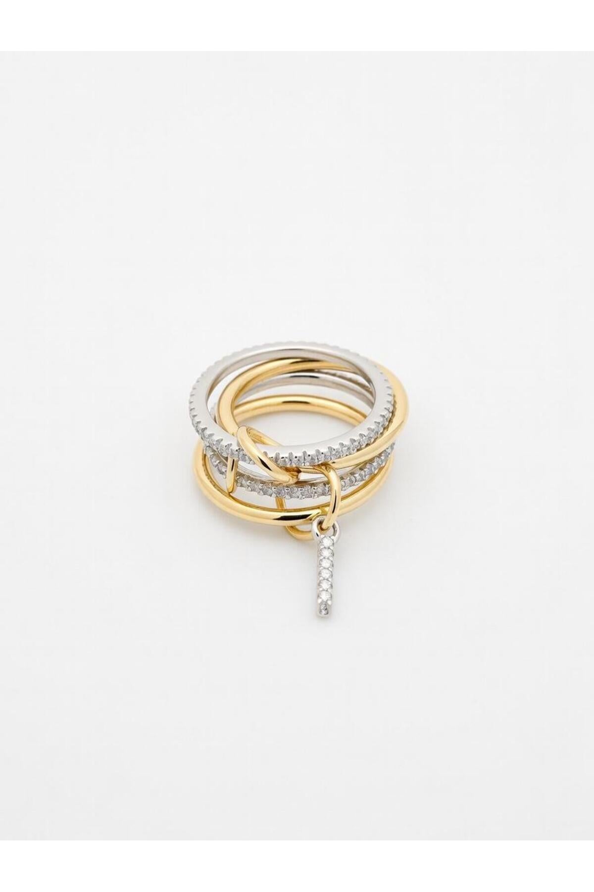 14K Çelik Üzeri Altın Kaplama 4 Sıralı Gold Gümüş Harfli Spiral Yüzük 16(8) Numara