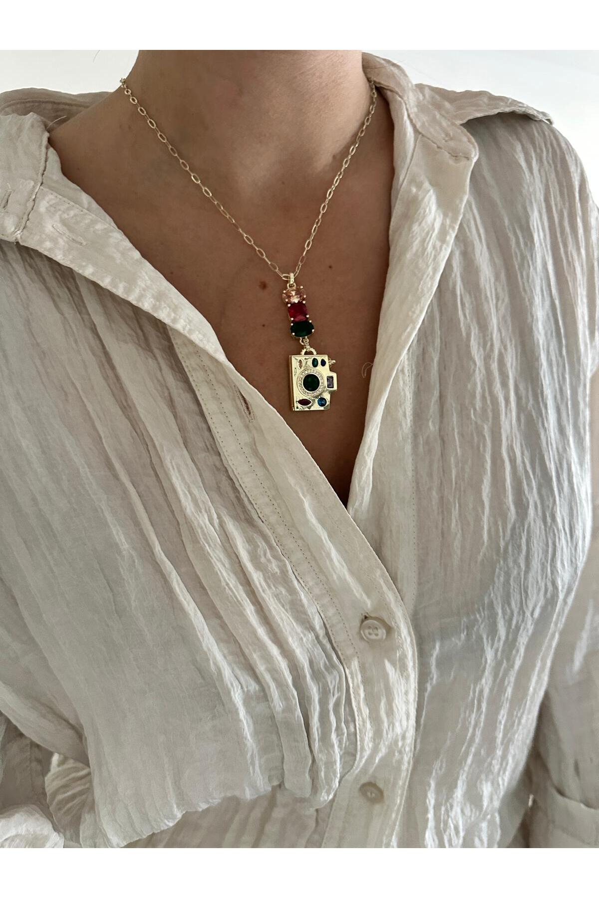 14K Altın Kaplama Özel Seri İçi Açılır Fotoğraf Makinesi Kolye