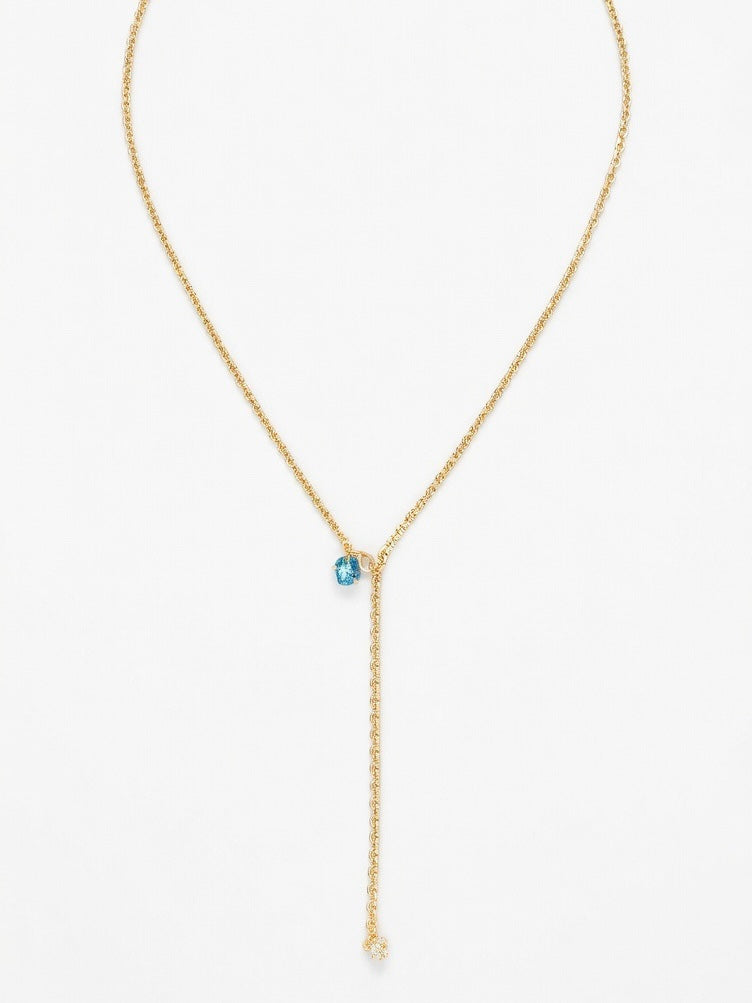 14K Çelik Üzeri Altın Kaplama Mavi Renk Taşlı Y Kolye