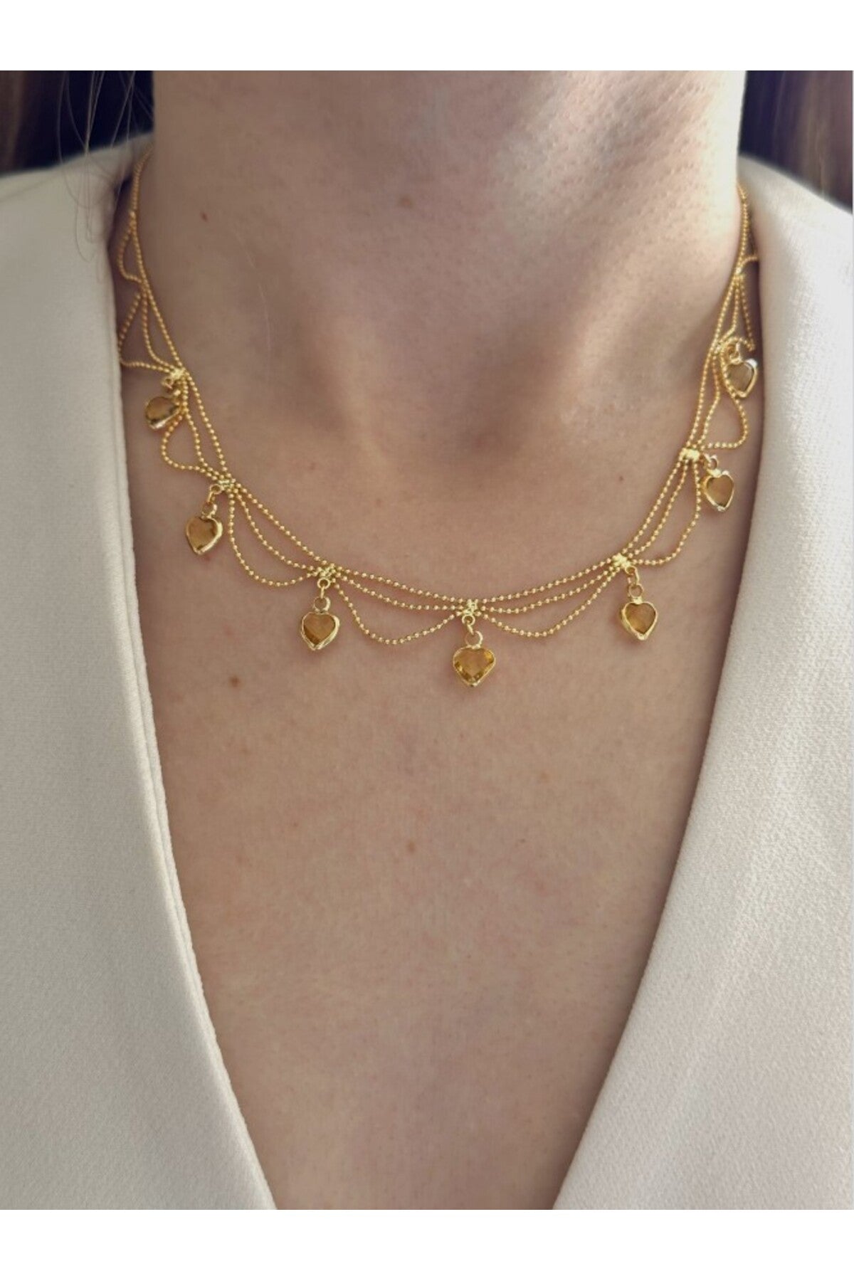 14K Çelik Üzeri İnce Dorika zincir Sarı Kalp Kolye