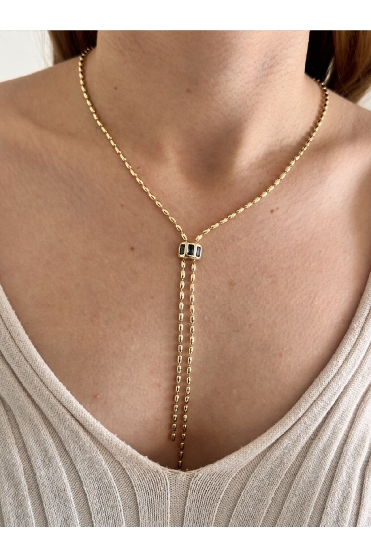 14K Çelik Üzeri Altın Kaplama Lacivert Taşlı Y Kolye