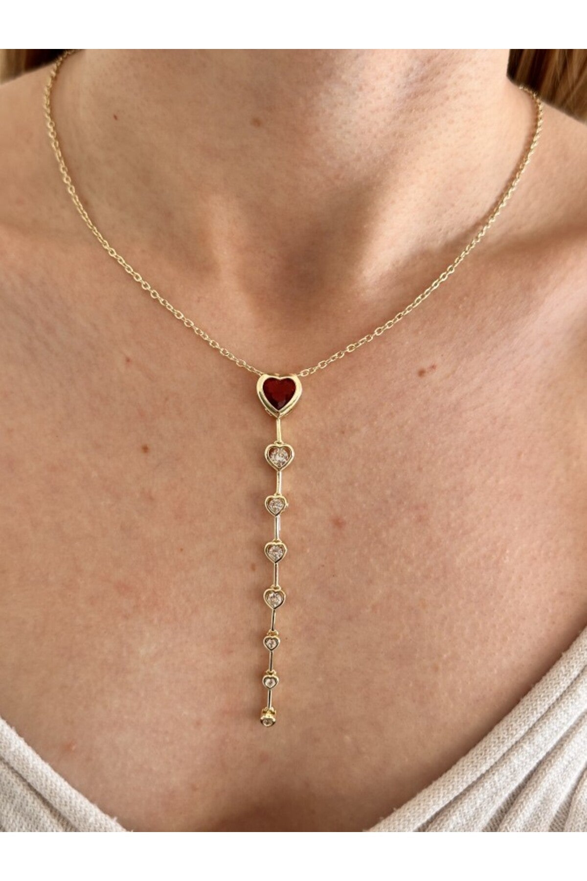 14K Çelik Üzeri Altın Kaplama Zirkon Taşlı Kalp Y Kolye
