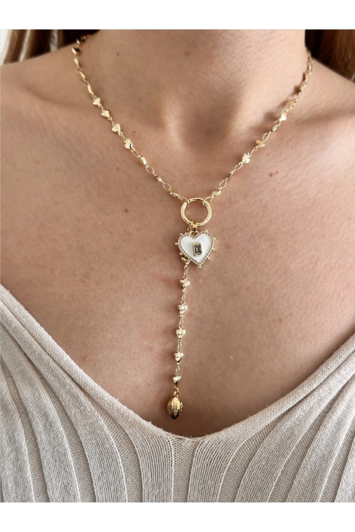 14K Çelik Üzeri Beyaz Mineli Tam Tur Kalp Y Kolye