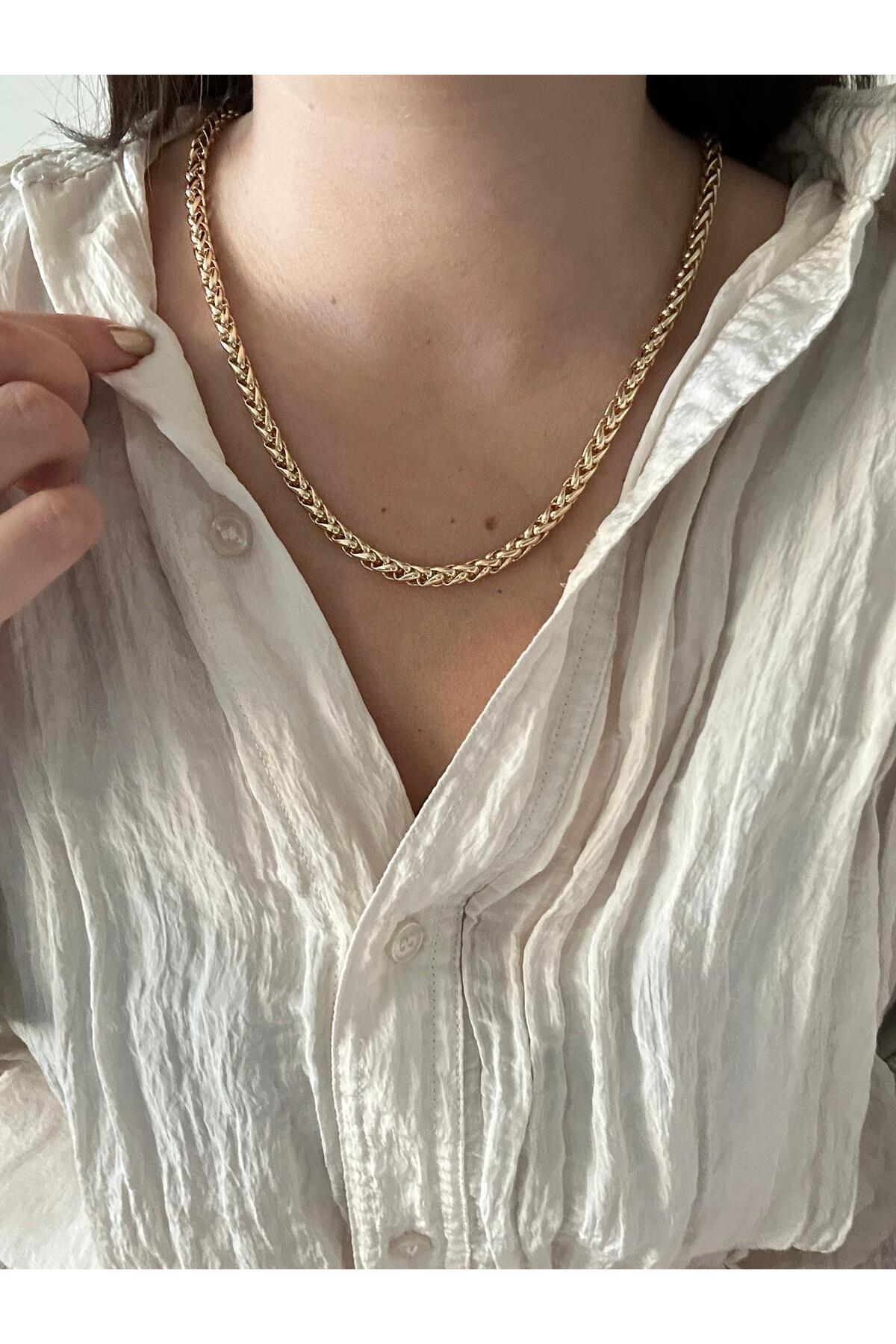 14K Çelik Üzeri Altın Kaplama Burgu Zincir Kombin Kolye