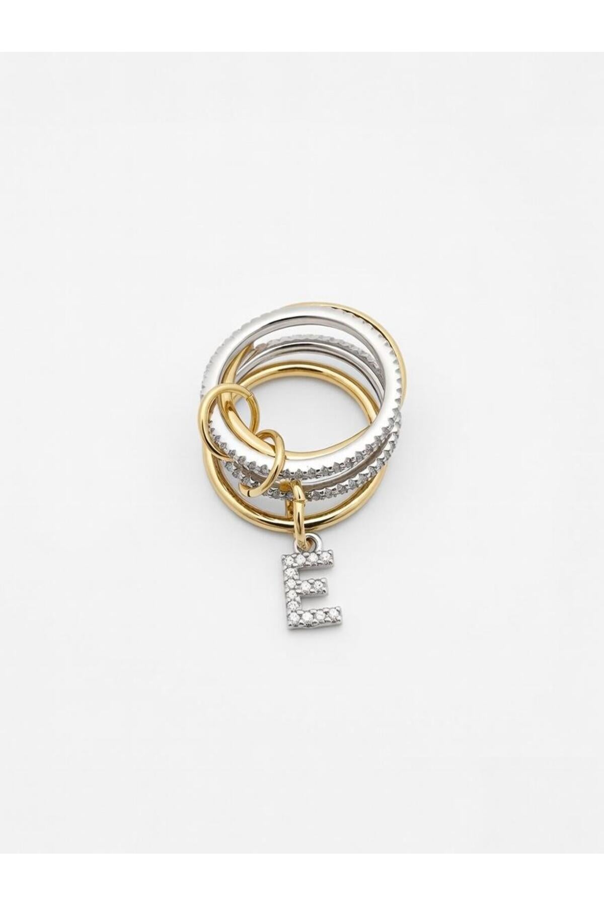14K Çelik Üzeri Altın Kaplama 4 Sıralı Gold Gümüş Harfli Spiral Yüzük 16(8) Numara